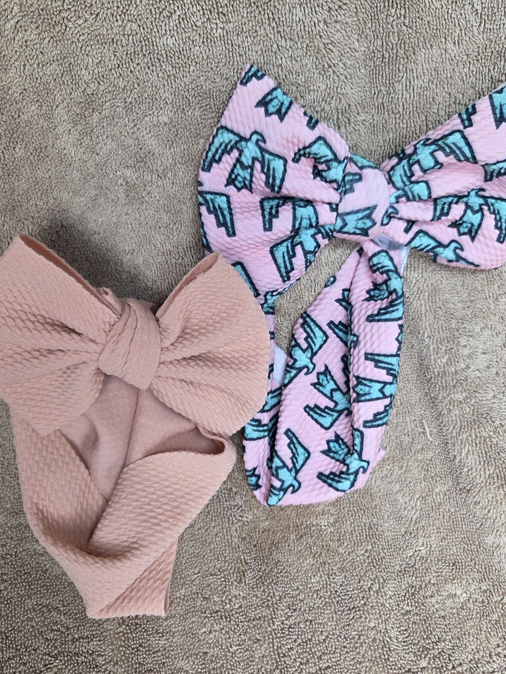 Two Fabric Toddler Baby Bow Hair Bands, Pink Blue Thunderbird And Peach